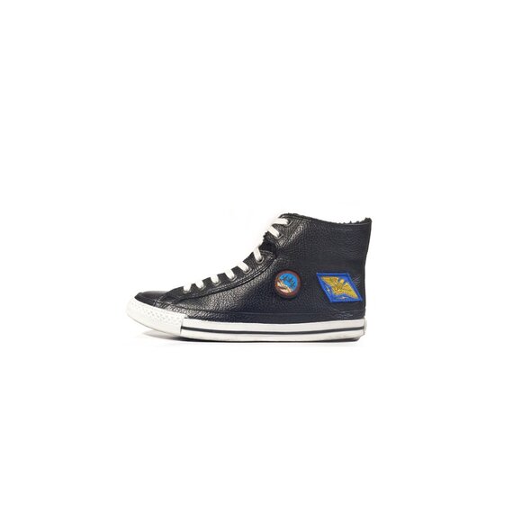 Schott NYC Converse Black Hightop Sneakers Moto Jacket G-1 Wings of Gold SZ 8.5